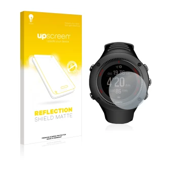 Parte frontal de un envase de producto con el logotipo de la marca upscreen. Al lado se muestra el dispositivo Suunto Ambit3 R