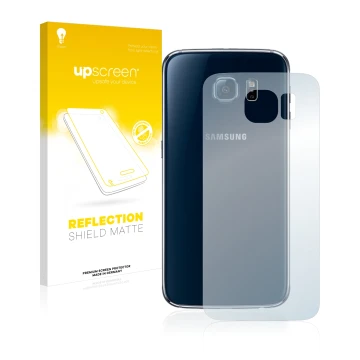 Parte frontal de un envase de producto con el logotipo de la marca upscreen. Al lado se muestra el dispositivo Samsung SM-G920