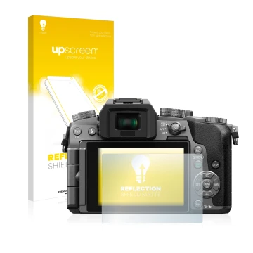 Parte frontal de un envase de producto con el logotipo de la marca upscreen. Al lado se muestra el dispositivo Panasonic Lumix