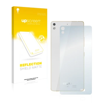 Parte frontal de un envase de producto con el logotipo de la marca upscreen. Al lado se muestra el dispositivo BLU Vivo Air (T