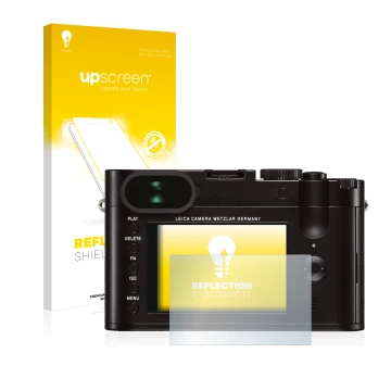 Parte frontal de un envase de producto con el logotipo de la marca upscreen. Al lado se muestra el dispositivo Leica Q (Typ 11