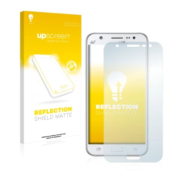 Parte frontal de un envase de producto con el logotipo de la marca upscreen. Al lado se muestra el dispositivo Samsung Galaxy 