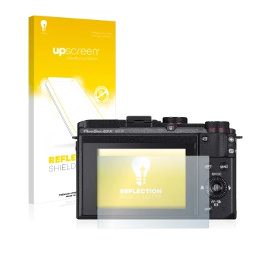 Parte frontal de un envase de producto con el logotipo de la marca upscreen. Al lado se muestra el dispositivo Canon PowerShot
