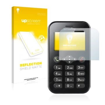 Parte frontal de un envase de producto con el logotipo de la marca upscreen. Al lado se muestra el dispositivo Simvalley Mobil