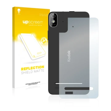 Parte frontal de un envase de producto con el logotipo de la marca upscreen. Al lado se muestra el dispositivo Kodak IM5 Trase