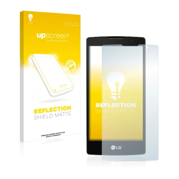 Parte frontal de un envase de producto con el logotipo de la marca upscreen. Al lado se muestra el dispositivo LG Logos con su