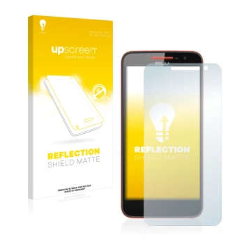 Parte frontal de un envase de producto con el logotipo de la marca upscreen. Al lado se muestra el dispositivo BLU Studio C co