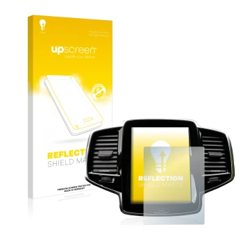 Parte frontal de un envase de producto con el logotipo de la marca upscreen. Al lado se muestra el dispositivo Volvo XC90 Senu