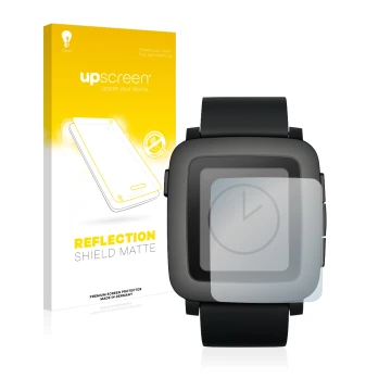 Parte frontal de un envase de producto con el logotipo de la marca upscreen. Al lado se muestra el dispositivo Pebble Time con