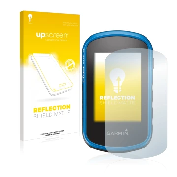 Parte frontal de un envase de producto con el logotipo de la marca upscreen. Al lado se muestra el dispositivo Garmin eTrex To