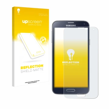 Parte frontal de un envase de producto con el logotipo de la marca upscreen. Al lado se muestra el dispositivo Samsung Galaxy 