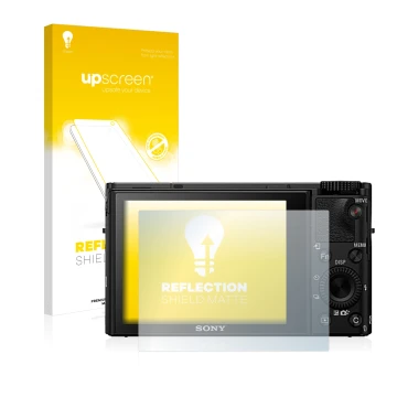 Parte frontal de un envase de producto con el logotipo de la marca upscreen. Al lado se muestra el dispositivo Sony Cyber-Shot