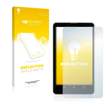 Parte frontal de un envase de producto con el logotipo de la marca upscreen. Al lado se muestra el dispositivo Chuwi Vi7 con s