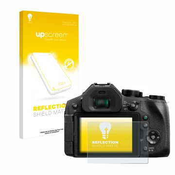 Parte frontal de un envase de producto con el logotipo de la marca upscreen. Al lado se muestra el dispositivo Panasonic Lumix