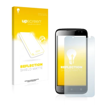 Parte frontal de un envase de producto con el logotipo de la marca upscreen. Al lado se muestra el dispositivo Yezz Andy 4.5EL