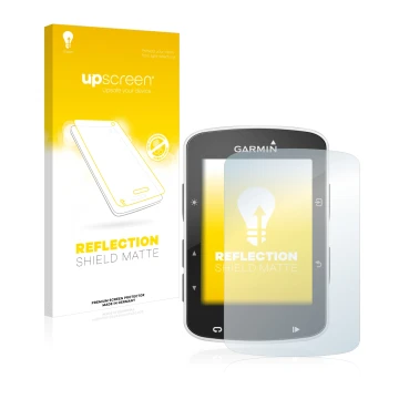 Parte frontal de un envase de producto con el logotipo de la marca upscreen. Al lado se muestra el dispositivo Garmin Edge 520