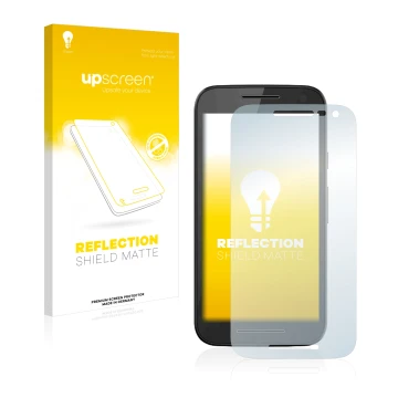 Parte frontal de un envase de producto con el logotipo de la marca upscreen. Al lado se muestra el dispositivo Motorola Moto G