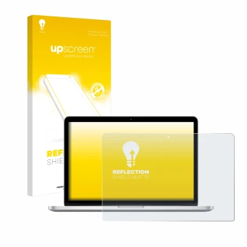 Parte frontal de un envase de producto con el logotipo de la marca upscreen. Al lado se muestra el dispositivo Apple MacBook R
