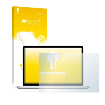 Parte frontal de un envase de producto con el logotipo de la marca upscreen. Al lado se muestra el dispositivo Apple MacBook P