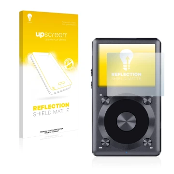 Parte frontal de un envase de producto con el logotipo de la marca upscreen. Al lado se muestra el dispositivo FiiO X3 II con 