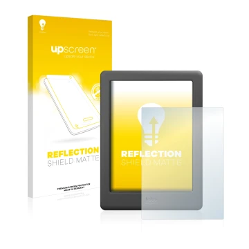 Parte frontal de un envase de producto con el logotipo de la marca upscreen. Al lado se muestra el dispositivo Kobo Glo HD con