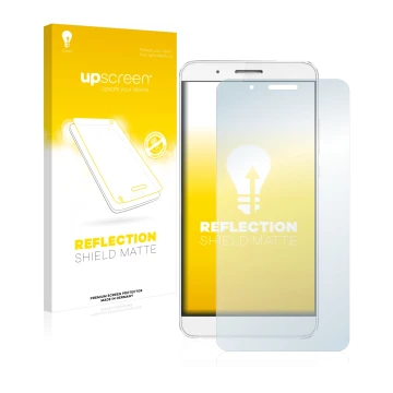Parte frontal de un envase de producto con el logotipo de la marca upscreen. Al lado se muestra el dispositivo Honor 7i con su