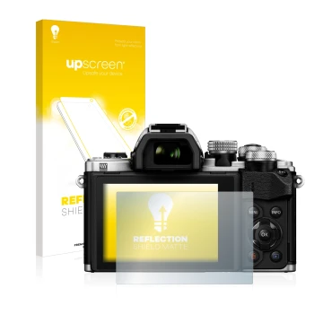 Parte frontal de un envase de producto con el logotipo de la marca upscreen. Al lado se muestra el dispositivo Olympus OM-D E-