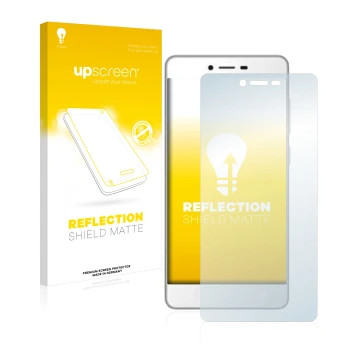 Parte frontal de un envase de producto con el logotipo de la marca upscreen. Al lado se muestra el dispositivo Gionee F103 con