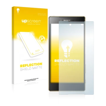 Parte frontal de un envase de producto con el logotipo de la marca upscreen. Al lado se muestra el dispositivo Sony Xperia Z5 