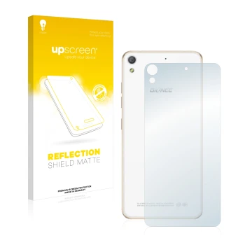 Parte frontal de un envase de producto con el logotipo de la marca upscreen. Al lado se muestra el dispositivo Gionee Elife S5