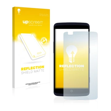 Parte frontal de un envase de producto con el logotipo de la marca upscreen. Al lado se muestra el dispositivo ZTE Axon Pro co