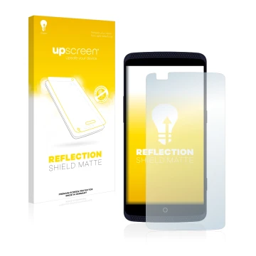 Parte frontal de un envase de producto con el logotipo de la marca upscreen. Al lado se muestra el dispositivo ZTE Axon Elite 