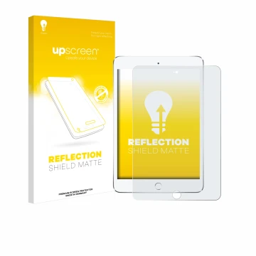 Parte frontal de un envase de producto con el logotipo de la marca upscreen. Al lado se muestra el dispositivo Apple iPad Mini