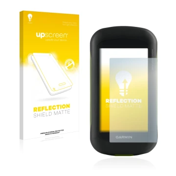 Parte frontal de un envase de producto con el logotipo de la marca upscreen. Al lado se muestra el dispositivo Garmin Montana 