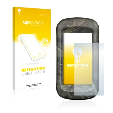 Parte frontal de un envase de producto con el logotipo de la marca upscreen. Al lado se muestra el dispositivo Garmin Montana 