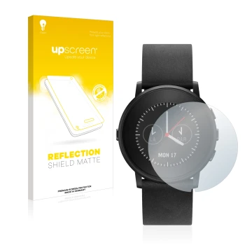 Parte frontal de un envase de producto con el logotipo de la marca upscreen. Al lado se muestra el dispositivo Pebble Time Rou