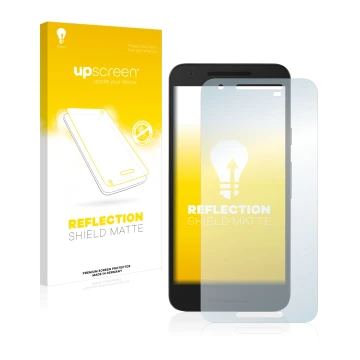 Parte frontal de un envase de producto con el logotipo de la marca upscreen. Al lado se muestra el dispositivo LG Nexus 5X con