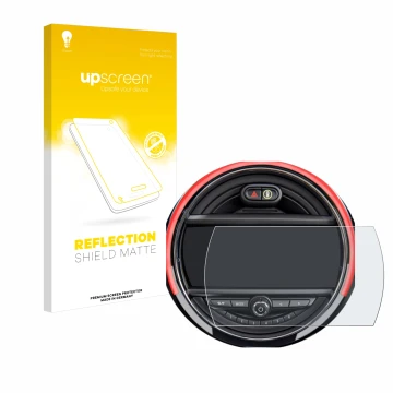 Parte frontal de un envase de producto con el logotipo de la marca upscreen. Al lado se muestra el dispositivo Mini Cooper R56