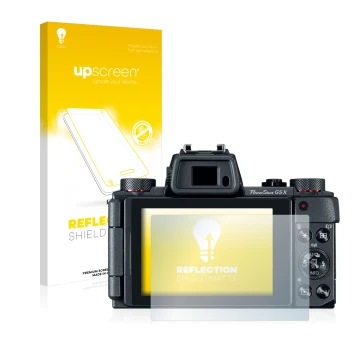 Parte frontal de un envase de producto con el logotipo de la marca upscreen. Al lado se muestra el dispositivo Canon PowerShot