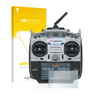 Parte frontal de un envase de producto con el logotipo de la marca upscreen. Al lado se muestra el dispositivo Robbe Futaba T1