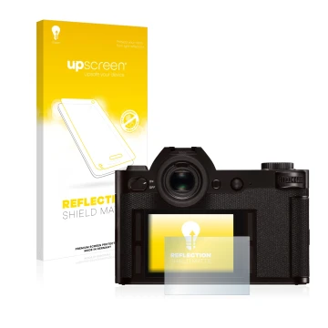 Parte frontal de un envase de producto con el logotipo de la marca upscreen. Al lado se muestra el dispositivo Leica SL (Typ 6