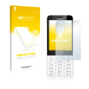 Parte frontal de un envase de producto con el logotipo de la marca upscreen. Al lado se muestra el dispositivo Nokia 230 con s