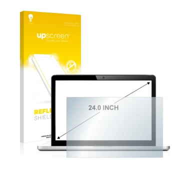 Parte frontal de un envase de producto con el logotipo de la marca upscreen. Al lado se muestra el dispositivo con su protecto
