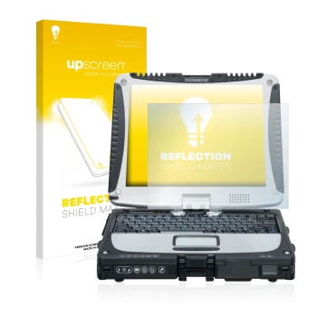 Parte frontal de un envase de producto con el logotipo de la marca upscreen. Al lado se muestra el dispositivo Panasonic Tough