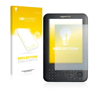 Parte frontal de un envase de producto con el logotipo de la marca upscreen. Al lado se muestra el dispositivo Amazon Kindle 3