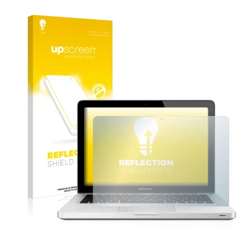 Parte frontal de un envase de producto con el logotipo de la marca upscreen. Al lado se muestra el dispositivo Apple MacBook P