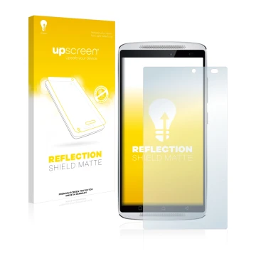 Parte frontal de un envase de producto con el logotipo de la marca upscreen. Al lado se muestra el dispositivo Lenovo Vibe X3 