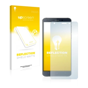 Parte frontal de un envase de producto con el logotipo de la marca upscreen. Al lado se muestra el dispositivo Oukitel K6000 c