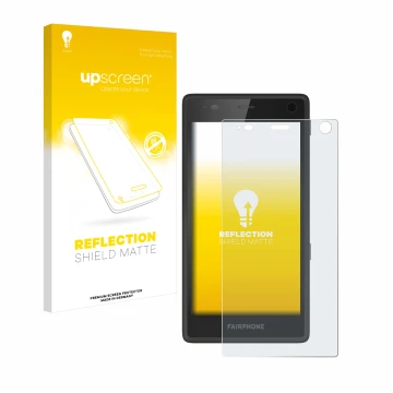 Parte frontal de un envase de producto con el logotipo de la marca upscreen. Al lado se muestra el dispositivo Fairphone 2 con