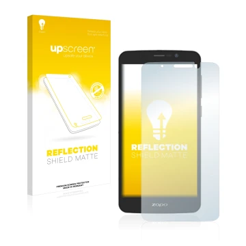 Parte frontal de un envase de producto con el logotipo de la marca upscreen. Al lado se muestra el dispositivo Zopo Color S5.5
